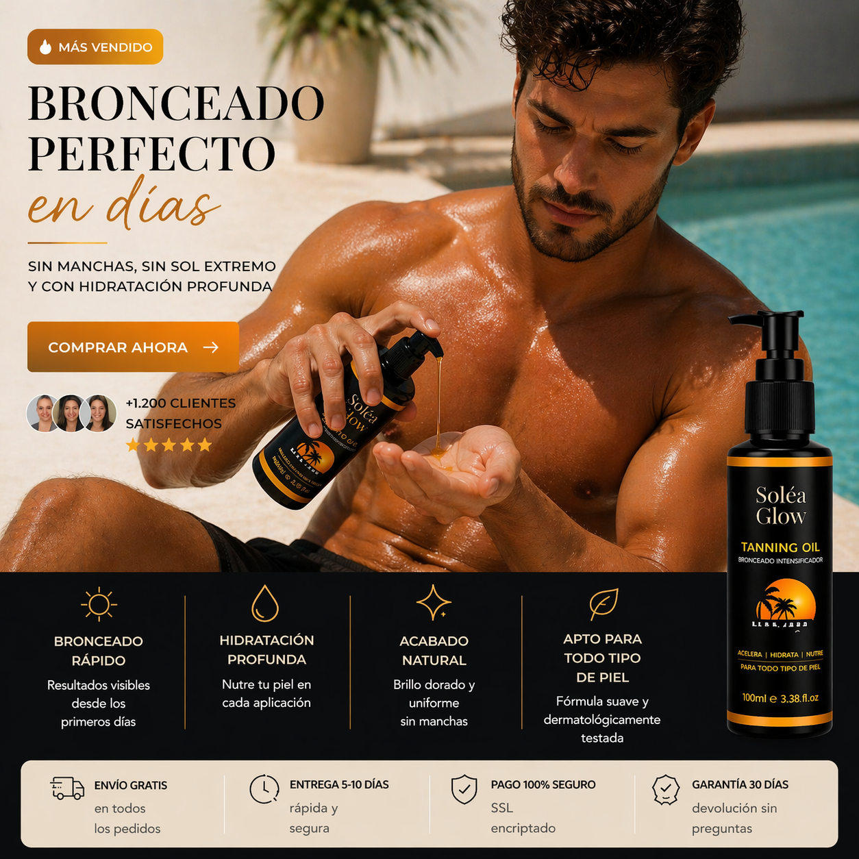 Aceite bronceador,rápido con efecto glow.